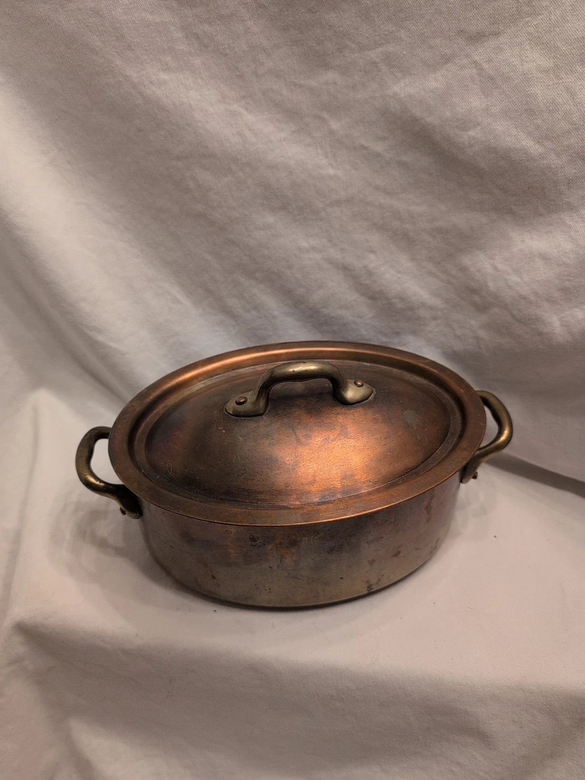 Williams Sonoma French Stamped Oval Copper Dutch Oven Tin Lined Pot W Lid 8 Inch