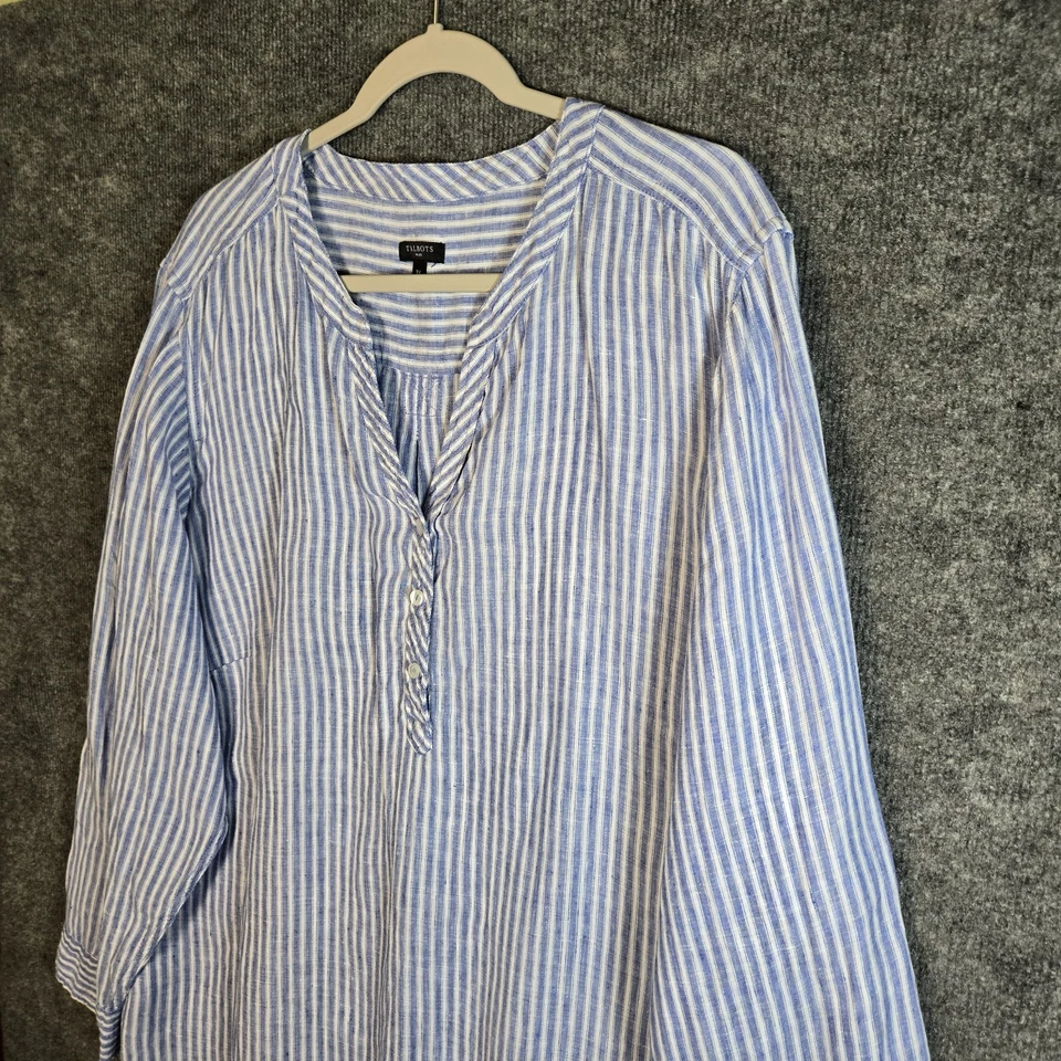 Talbots Top Mujer 3X Azul Blanco Rayas Lino Túnica Manga Larga Playa Foto 3 de 4