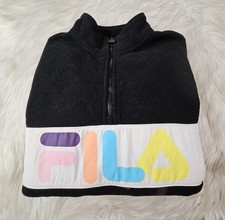 FILA Womens Fleece 1/4 Quarter Zip Pullover M Pockets RETRO BLACK WHITE