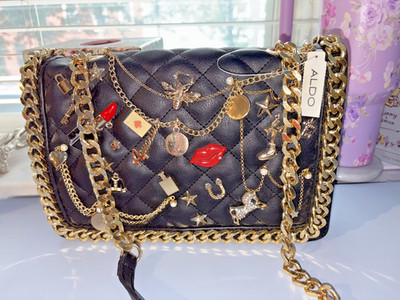 NWT Aldo Black Quilted Bag with Gold Chain & Charms
