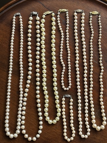 Lot of 6 Faux Pearl Necklaces and Bracelet - Vintage Glass Pearls Cream Yellow