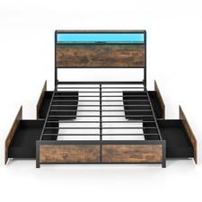 Lit Double Industriel pour Adulte avec 4 Tiroirs et Tête de Lit Lumineuse LED C