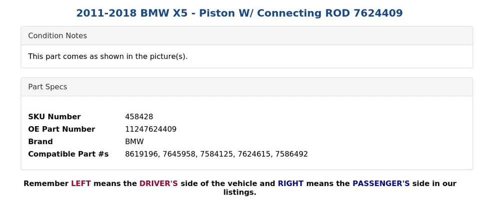 2011-2018 BMW X5 - Piston W/ Connecting ROD 7624409 - Image 3 of 3