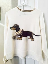 NEW Calligraphie Ivory  Brown Adorable Dachshund Sweater