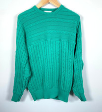 90s Cotton Cable Knit Sweater Men's Large Green Crewneck Preppy Classic Trad