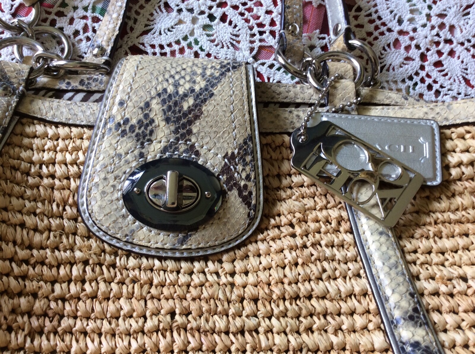 COACH Hampton Python Leather Trim Straw Turn Lock… - image 3