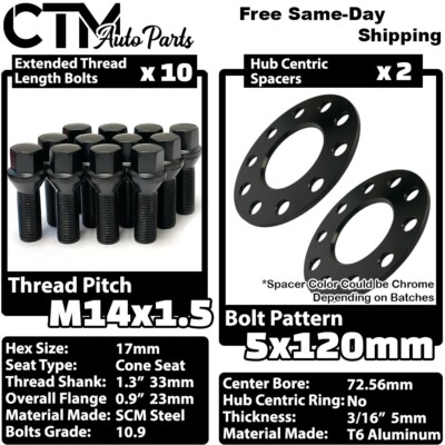 2x 5mm Thick 5x120 72.56mm CB Wheel Spacer Kit Black Bolt 14x1.5 BMW X3 X5 &More