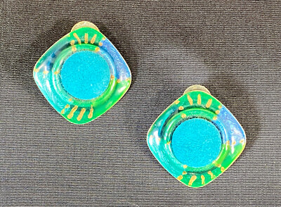 Vintage 1980's VIVID teal leather and enameled metal post statement earrings