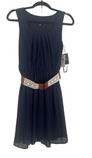 NWT Navy Blue dress Removable belt By & By Chiffon Spring Y2K Romantic SZ XS