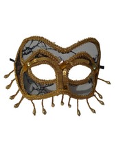 Gold Black Lace Beaded Mardi Gras Masquerade Mask