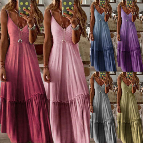 Damen Ombre Gradient Trägerkleid Ärmellos Lang Strand Sommer Kleid Maxikleid NEU - Bild 1 von 2