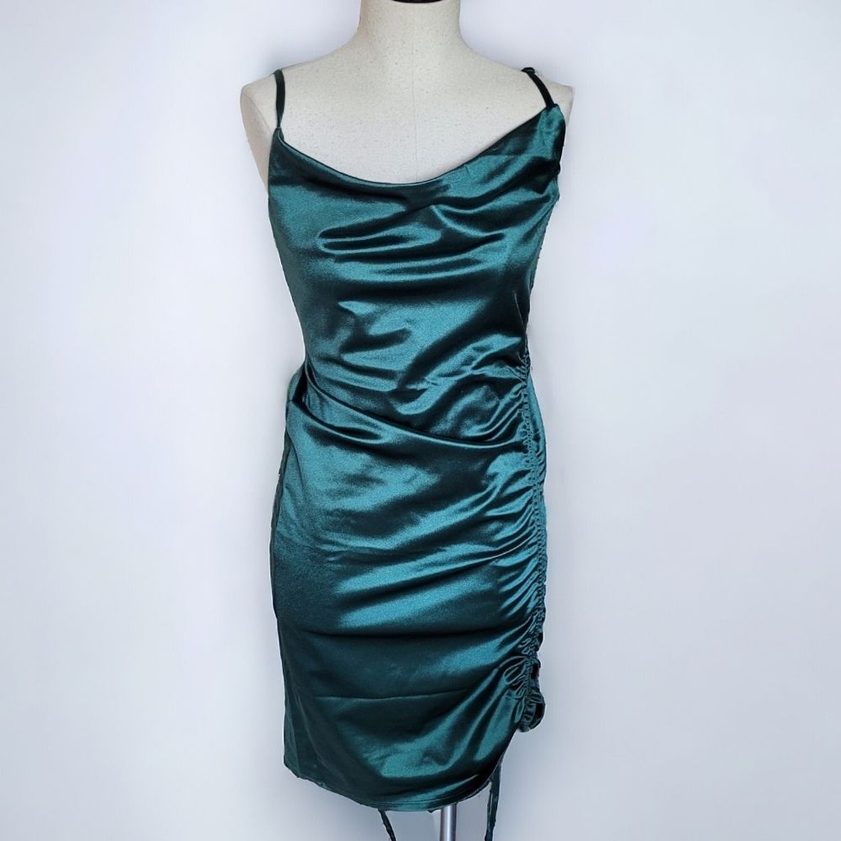 Green Satin Ruched Dress