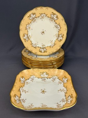9 Pc Minton 8 7/8'' Peach Scalloped Luncheon Plates + Square 8.5'' Bowl c. 1930's