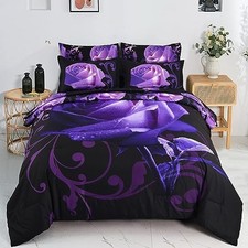 Floral Comforter Set Queen 7 Piece Bed in a Bag Rose Queen 90"x 90" Purple