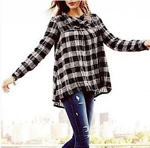 Free People Walk In The Park Cottagecore Cowl Neck Plaid Mottled Knit Tunic Swea - Picture 2 of 13