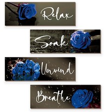 4 Pieces Blue Rose Bathroom Wall Decors Wall Art Wooden Flower Restroom Decor Ro