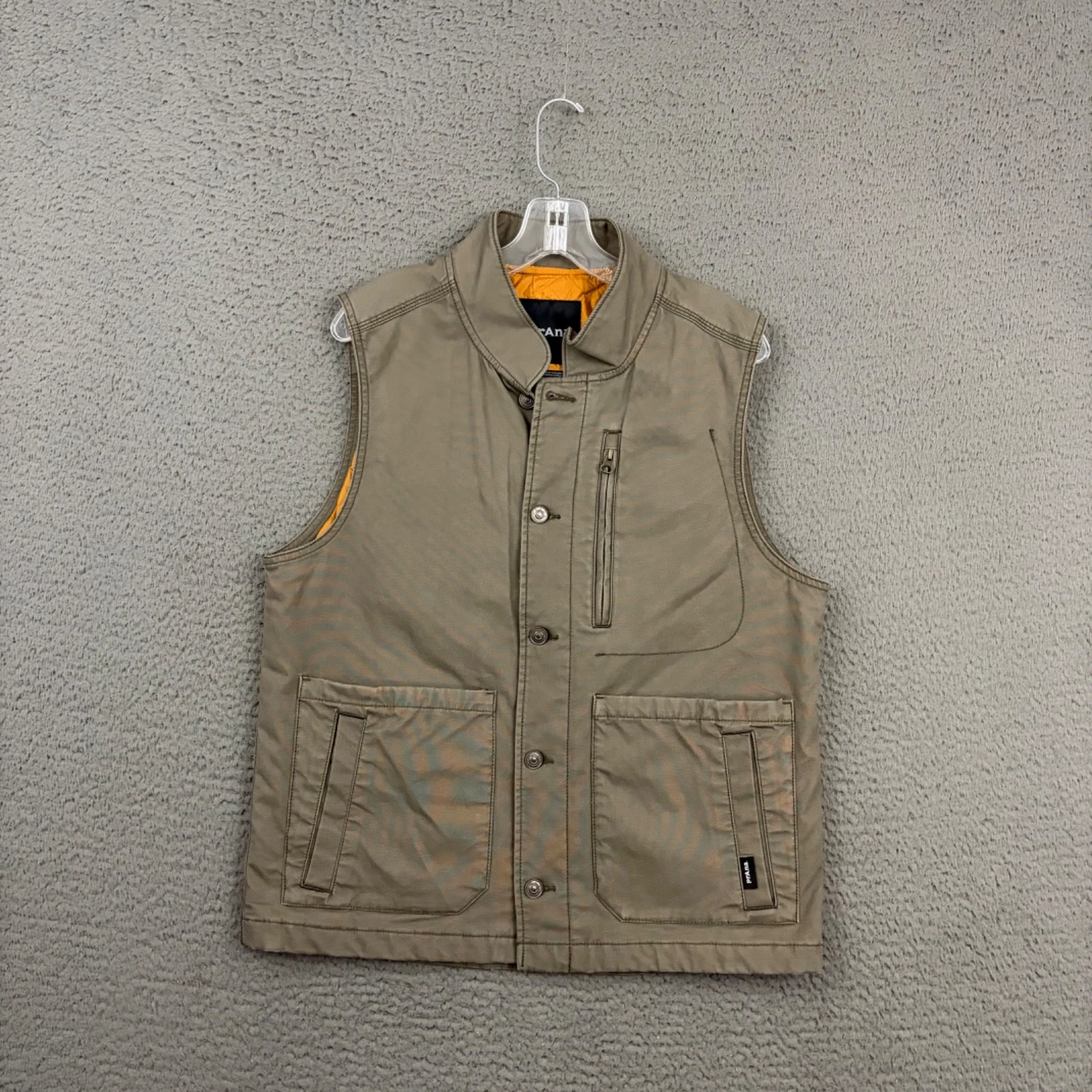 prAna Vest Mens Small Olive Green Button Up Pockets Organic Cotton Outdoor Dad