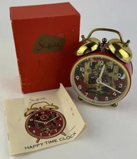 Sheffield Twin Bell See-Through Alarm Clock Germany Wind-Up Red Vtg PARTS ONLY