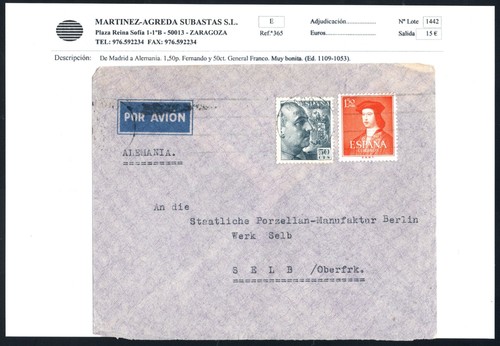 1951(ca).Ed:1053,1109.Sobre Circulado.Estado Español.A Alemania