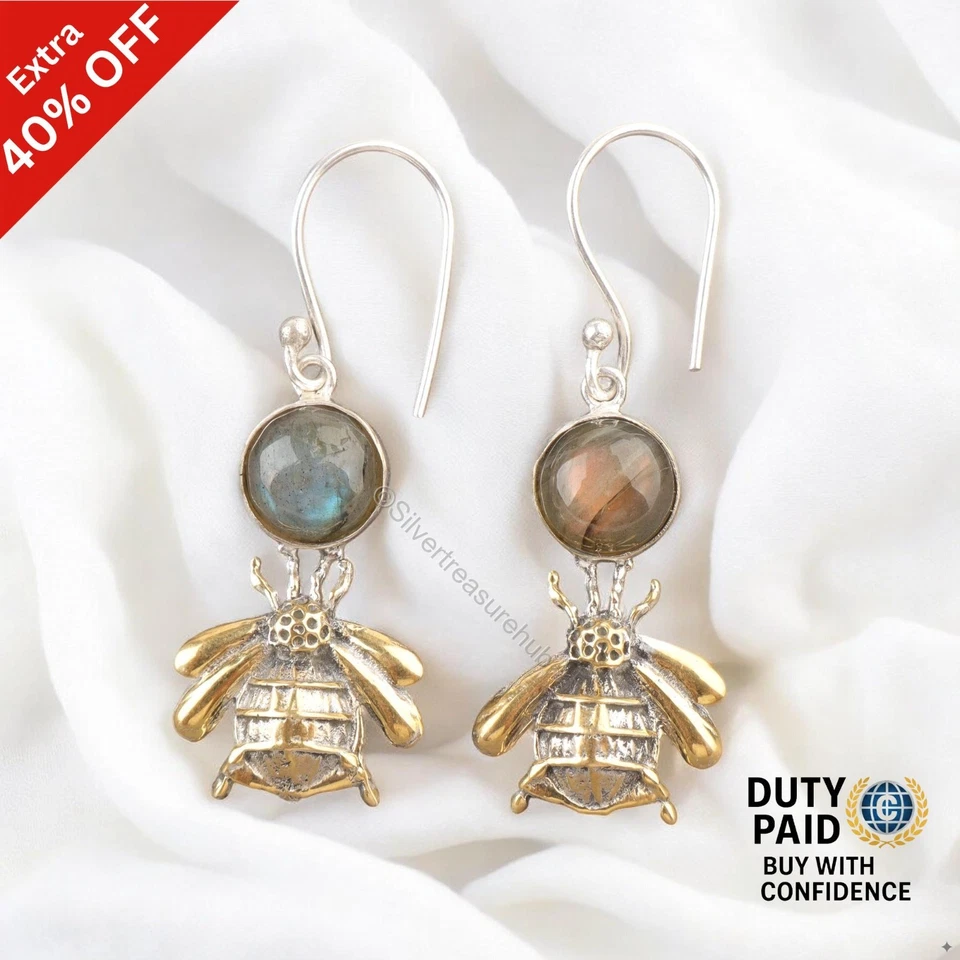 Oferta de Año Nuevo Labradorita Natural Hermana Pendientes Colgantes Plata de Ley Foto 3 de 4