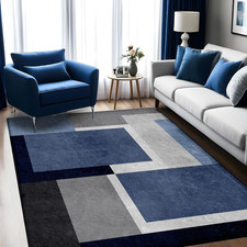 Blue Grey Geometric Washable Area Rug - 5x7