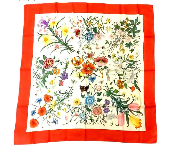 GUCCI red floral silk square scarf 34.6in made in Japan and Italy