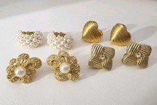 Lot Of Vintage Bold Gold Tone Clip On Earrings Classic Retro Faux Pearl Nice