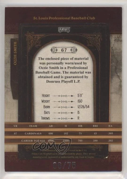 2008 Playoff Prime Cuts Jersey Number Jerseys /75 Ozzie Smith #67 HOF - Image 2 of 2