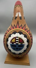 Hopi Southwest Large Painted Gourd Kachina Dancers Rattle Vintage Tawa Sun