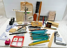 Office supplies drawer lot pencils Letter stamps rulers  turquoise pencils tacks