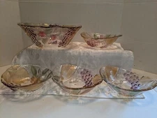 Vintage Salad Serving Bowl W/4 Individual Bowls Glass W/Fruit & Leaves