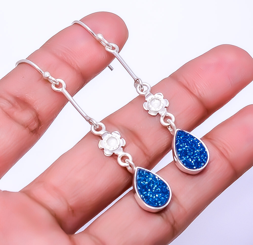 Electric Blue Titanium Agate Drusy 925 Sterling Silver Earring 2.50