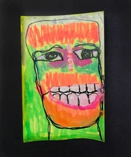 Man Portrait Painting Naive Primitive 4x6 Green Funky Funny Wall Art April Fool