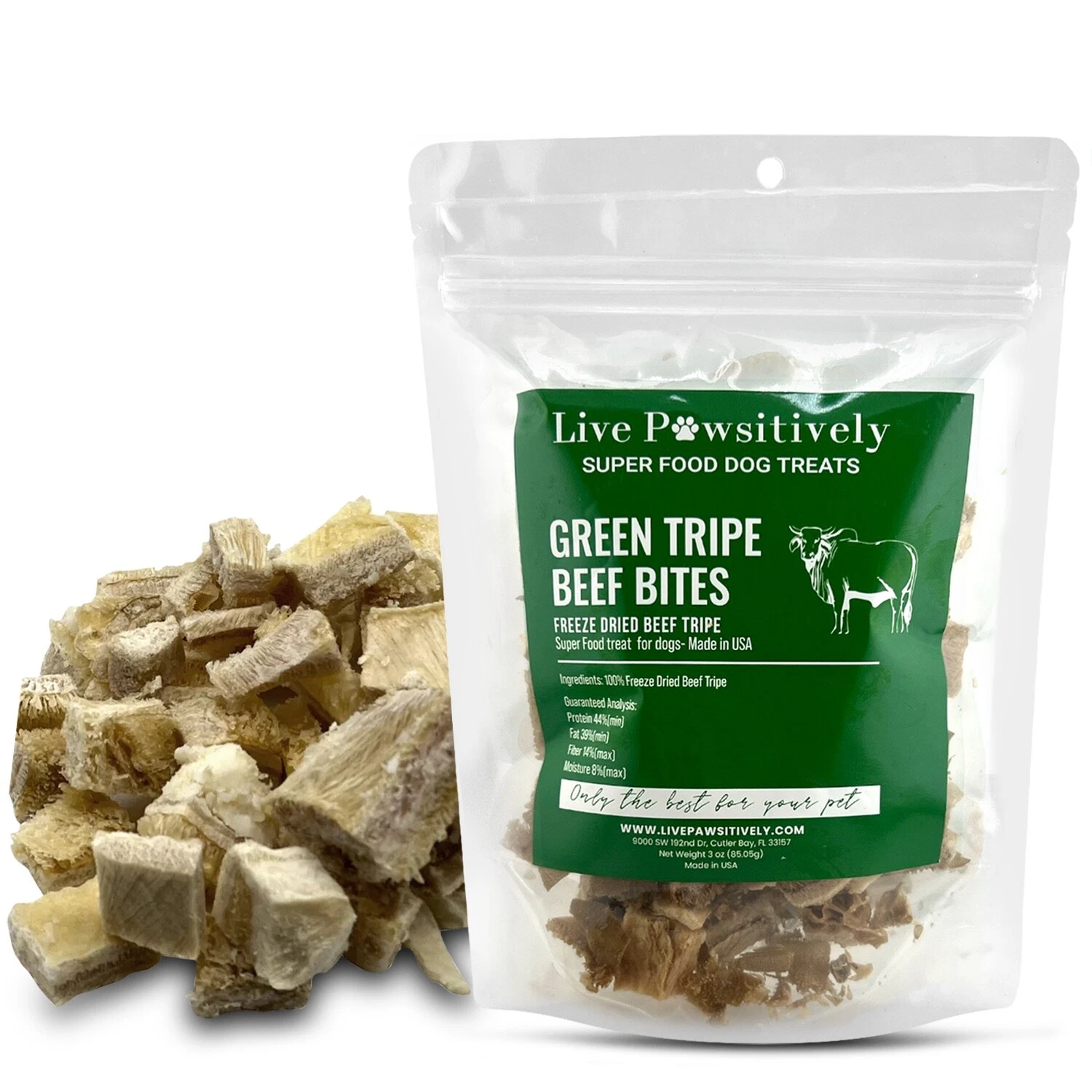 Freeze Dried Dog Food Booster /treat Green Tripe Beef Bites, Live Pawsitively