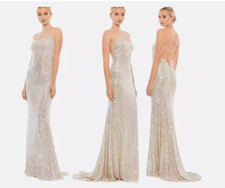 MAC DUGGAL 26269 STRETCH SEQUIN LACE UP BACK EVENING SILVER/NUDE GOWN sz 8