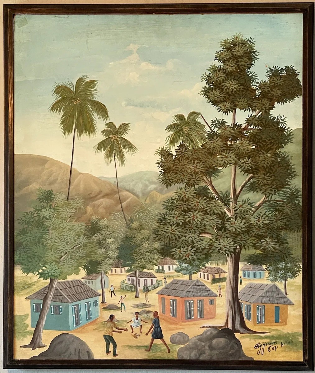EDDY JACQUES OLD HAITIAN LANDSCAPE OIL PAINTING VINTAGE HAITI FOLK