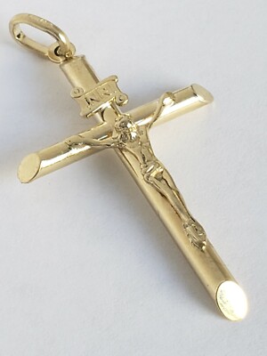 10k yellow gold INRI Jesus crucifix tube cross pendant charm inch long 