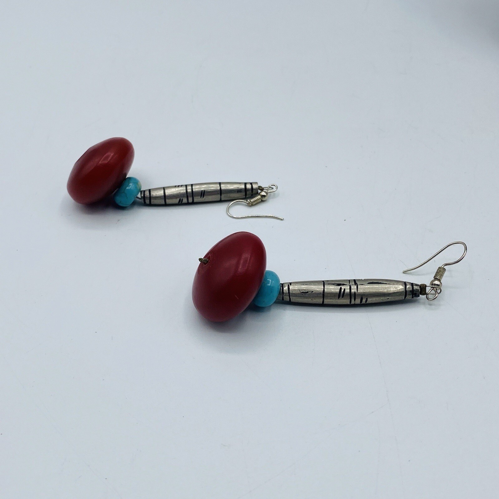 Dark Red Silvertone Bead Dangle Hook Earrings - image 2