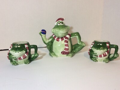 Wang's International Christmas Frog Tea Set, Tea Pot 6.25'' Tall and 2 Tea Cups
