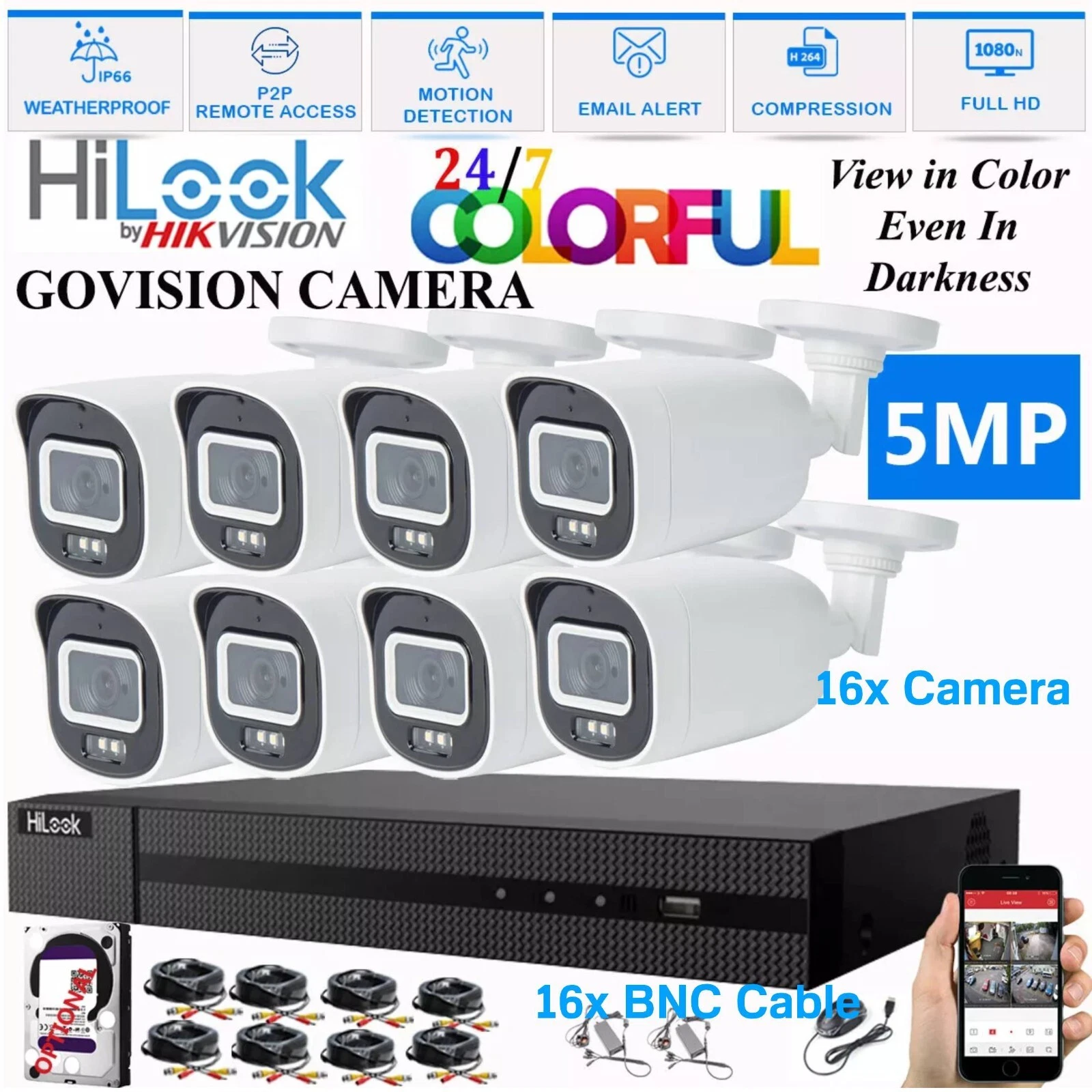 HIKVISION 16CH 5MP COLORVU CCTV SECURITY KIT 16x OUTDOOR 24/7 COLOR CAMERA+10TB - Picture 1 of 14