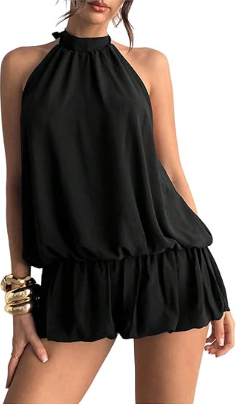 Women Backless Sleeveless Ruffle Bubble Hem Mesh Halter Mini Dress