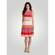 Calvin Klein Striped Pleated Midi Dress 6 Pink Orange Coral Belted Sleeveless