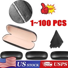 NEW Clam Shell Hard Eyeglasses PU Glasses Case Black w/Microfiber Cleaning Cloth