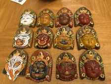 Vintage Indian Folk Art Mask Set – 12 Hindu Deity Wall Masks Hand Painted Clay