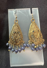 Vintage Gold Tone Pot Metal Teardrop Earrings Blue Periwinkle Bead Dangles Boho