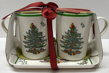 SPODE Christmas Tree Mugs Tray Set Porcelain 10 oz Cups 8 Tray Holiday NIB