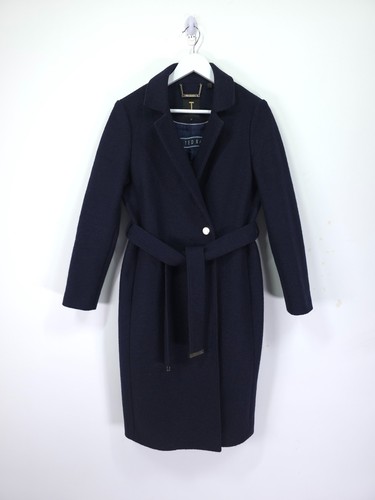 Abrigo Ted Baker Chelsyy Talla 2 UK 10 Azul Marino Lana Largo Invierno Chaqueta con Cinturón - Imagen 1 de 12