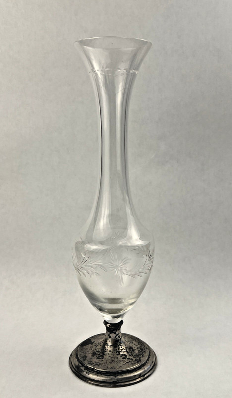 Vintage Hawkes Sterling Silver Mounted Etched Floral Glass Vase 10 3/4" high