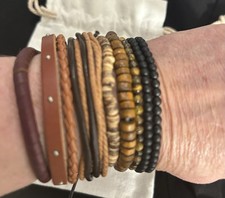 Unisex Leather and Beaded Bracelet Brown Black Earth Tone Boho Jewelry 7 piece