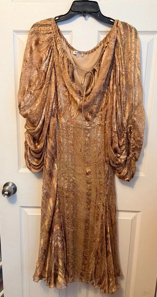 Vintage Runway 2005 Fall  Zac Posen Orange Pink Gold Paisley Silk Dress Size 8 - Image 2 of 4